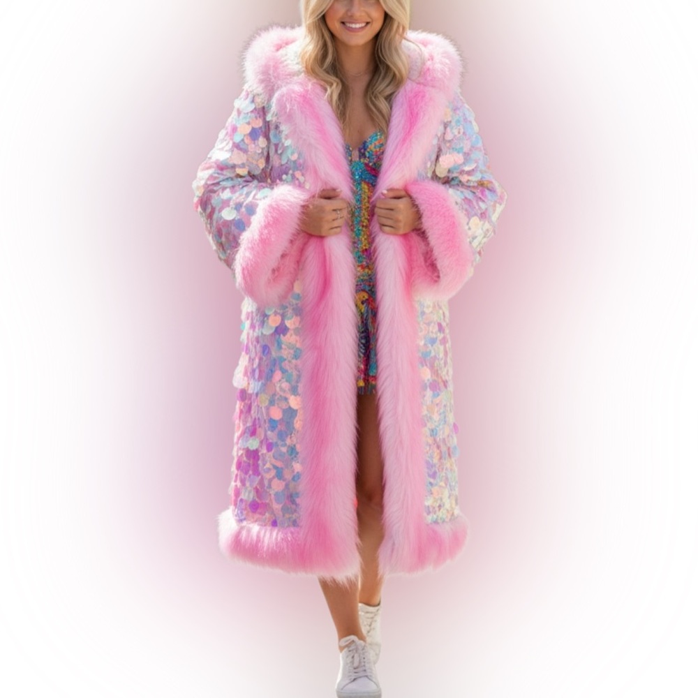 LED Light Up Pink Iridescent Sequin Faux Fur Trim Long Festival Coat Jacket